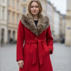 Unique Vintage Red Trench Coat with Fur Collar - Size Medium